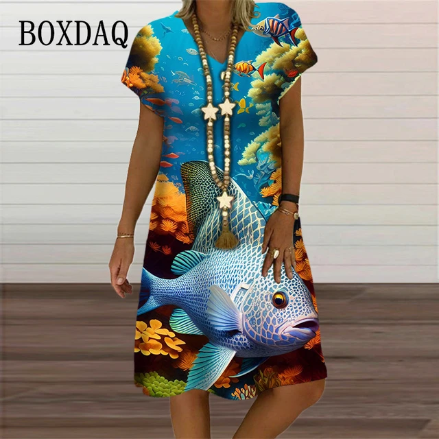New Women Ocean Life Sea 3d Fish Print Dresses For 2023 Summer Beach Style  Loose Short Sleeve Dress Casual V-neck Woman Clothes - Dresses - AliExpress
