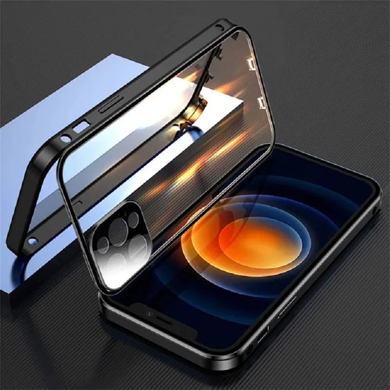 

360 Full Protection Metal Magnetic Double Sided Glass Snap Lock Case For iPhone 14 11 12 13 Pro Max 14Plus Lens Protection Cover