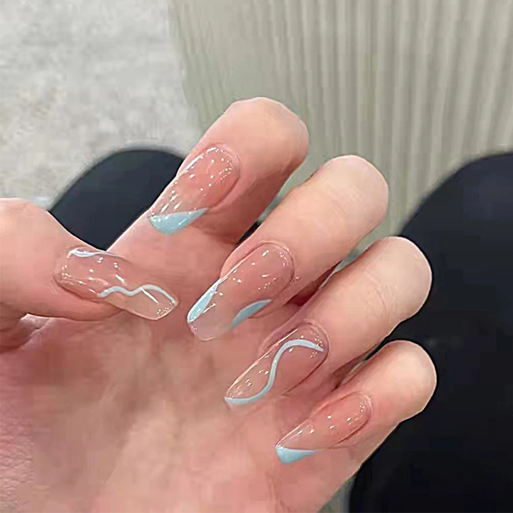 24PCS Press on Nails Blue Waves Design Coffin French Style Full Cover False  Nails Summer Nails Art DIY False Nail Patches| | - AliExpress