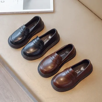 Britain Style Children's Leather Shoes for Boys 2024 Spring New Girls Retro Black Single Shoes Soft Moccasin Shoes for Children 3