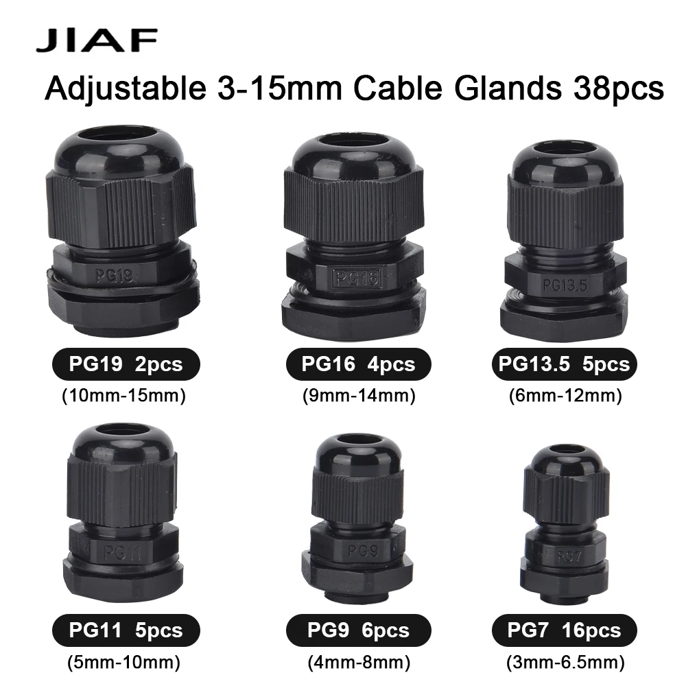 38PCS PG7-PG19 Plastic Waterproof Cable Gland Nylon Black Cable Fixing Joint PG13.5 With Gasket Range For 3-15mm Set