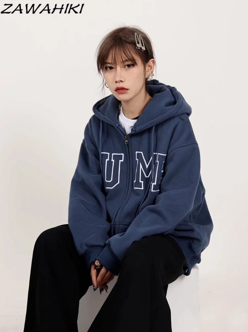 

Spring Autumn Lovers Hiphop Letter Embroidery Zip-up Hoodies Women Loose Casual Teens Streetwear Versatile Long Sleeve Tops