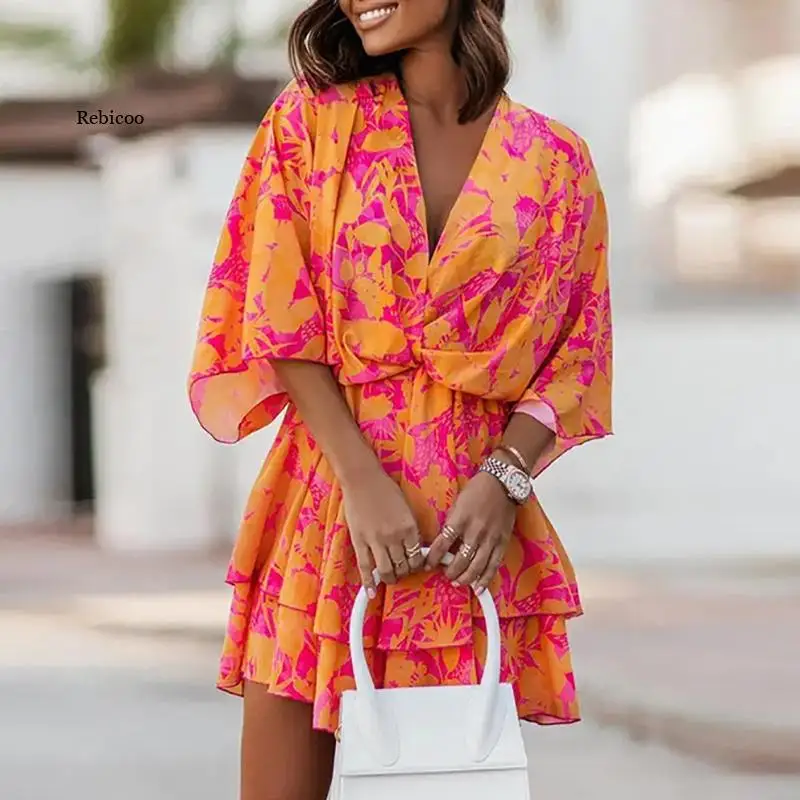 

2022 Women Short Sleeve V Neck Party Dress Boho Ruffle Design Flower Print Short Dress Women Elegant Holiday Beach Dresses