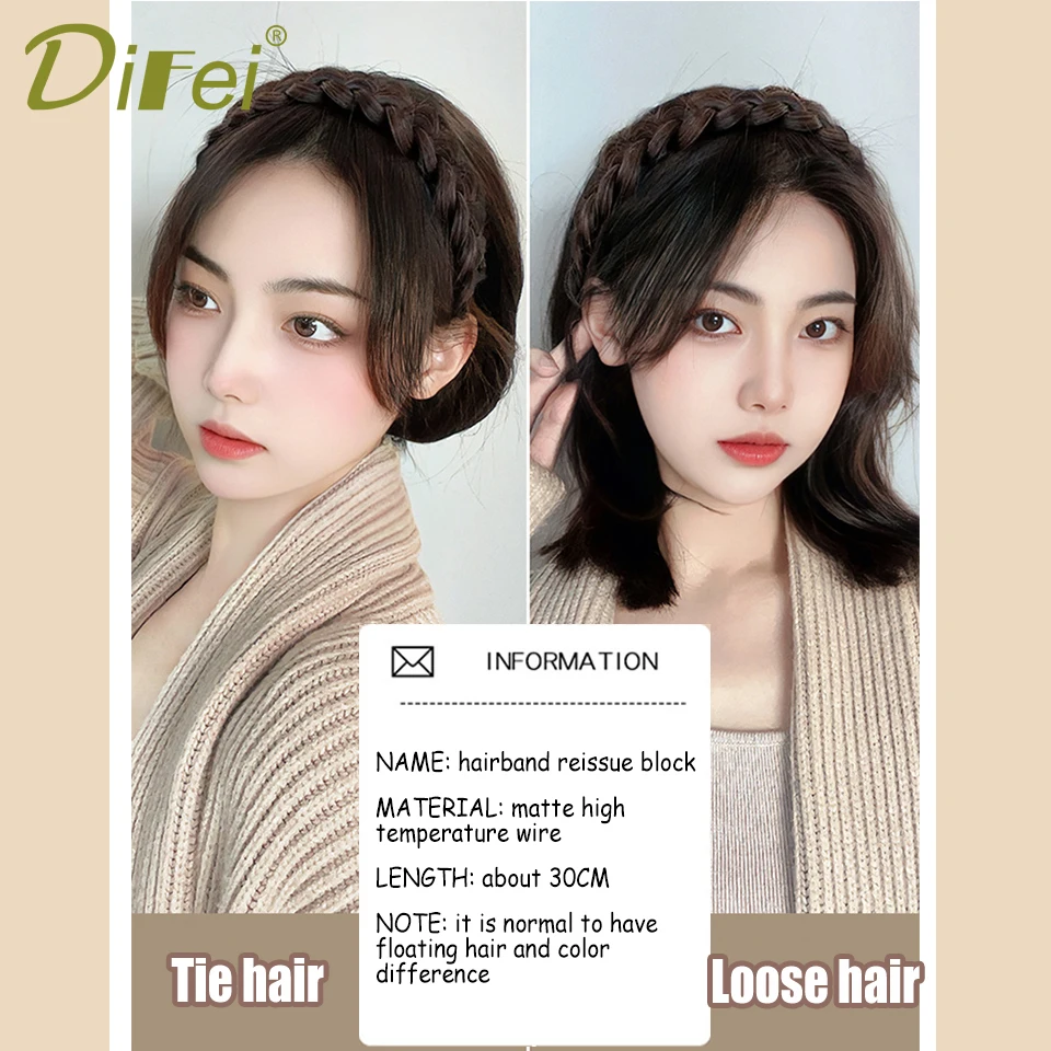 DIFEI 합성 헤어밴드 일체형 여성 머리 가발, 자연스러운 흰색 머리 커버, 땋은 머리, 하프 헤드기어 타입