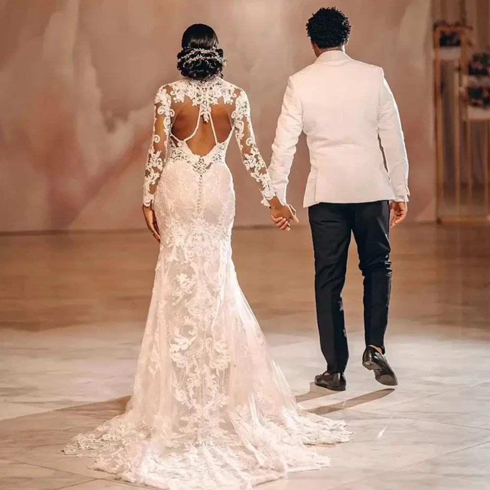Luxury High Ncek Mermaid Wedding Dresses With Long Sleeves Applique Detachable Train African Bridal Gown Boho Robe de mariage