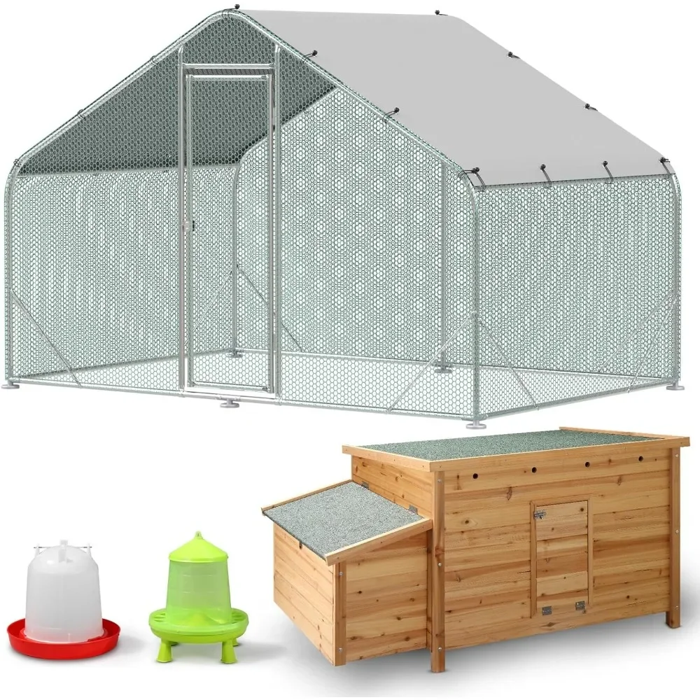 

10x6FT Metal Chicken Coop with Hen House and Feed Bucket Walk-in Poultry Cage for Yard Chicken Pens Kits for Outdoor Farm Use