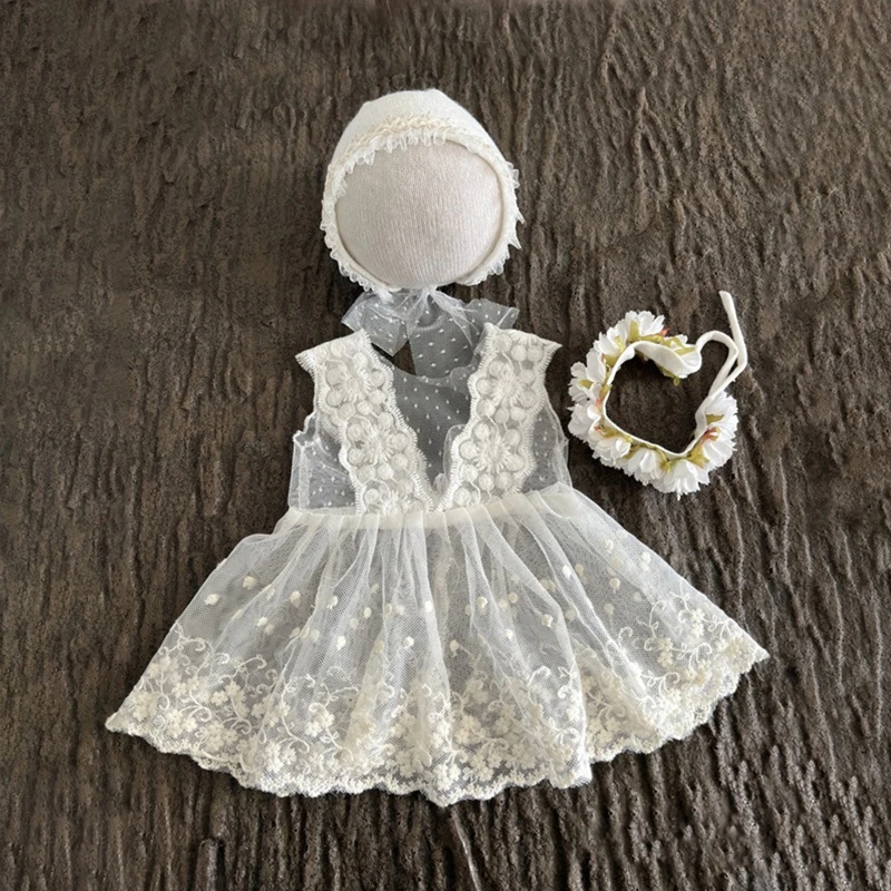 Newborn Baby Lace Dress Photography Prop Costume Headbands Hat 1 Month Princess Clothes Props Accessories Outfit Set for BABY