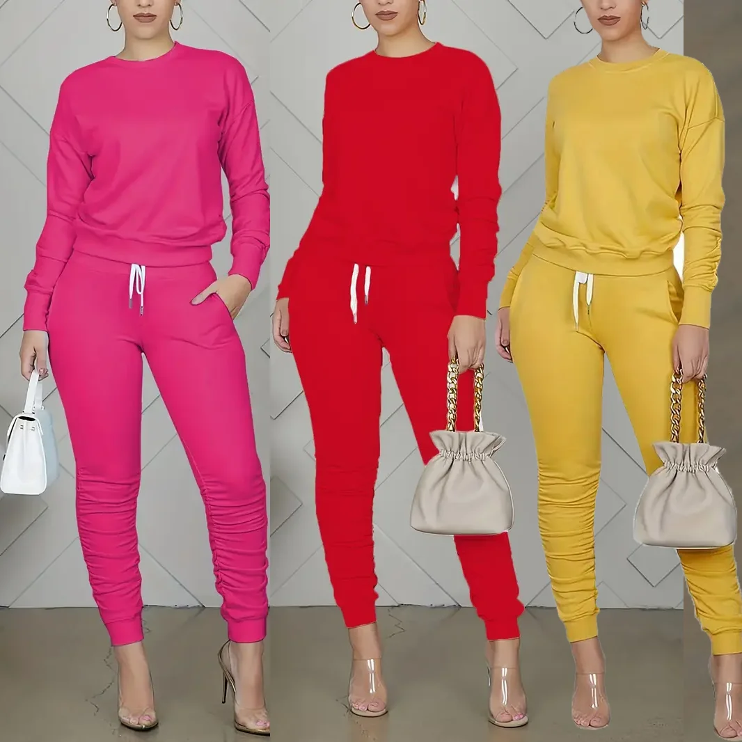 Chic Round Neck Top & Luxe Elastic Waist Pants Set main image 1