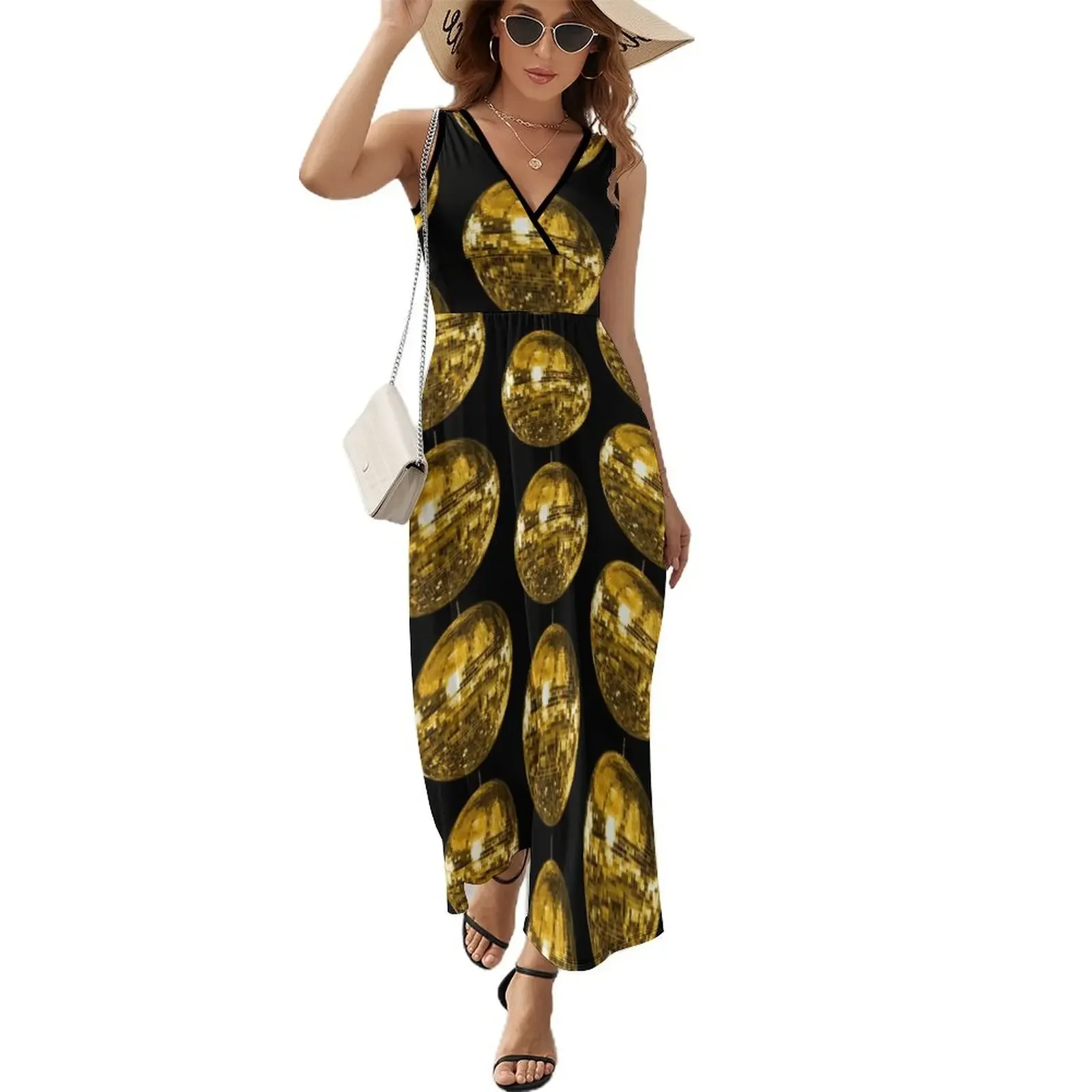 thumbnail image 1 of Vestido sin mangas con bola de discoteca dorada y amarilla, vestido de verano para mujer, vestido de lujo, conjuntos elegantes de verano para mujer., 1 of 7