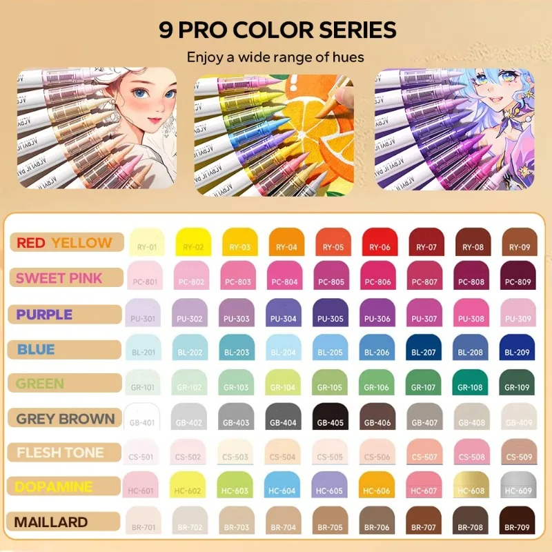 9개/세트 아크릴 브러시 마커 세트 - 그림 그리기 스케치용 잉크 제어 기능이 있는 프로 아트 마커