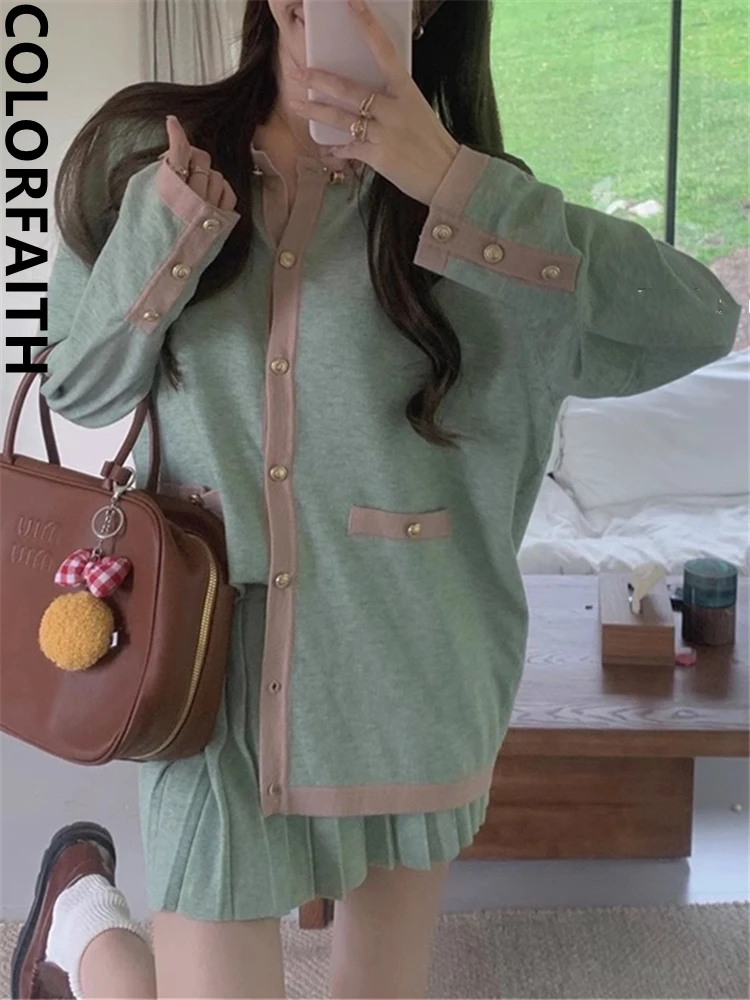 

Colorfaith WS9020DG Новинка 2023, винтажные комплекты из 2 предметов, Элегантные вязаные кардиганы с мини-юбками, осенне-зимние женские розовые костюмы