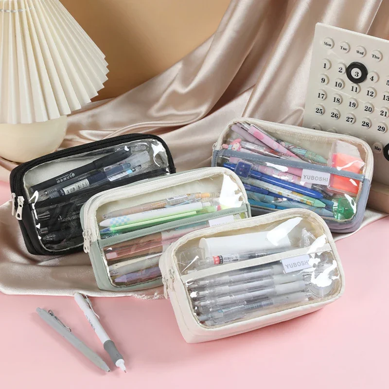 

3 Layers Large Capacity Pencil Bag Stationery Supplies Cute Transparent Pen Box Zipper Pencil Pouch School Supplies