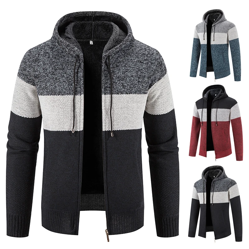 Men's Winter Hooded Sweater Cardigan Cold Jacket Faux Fur Wool Warm Jumper Casual Fashion Stripe Patchwork Knitwear Zipper Coat