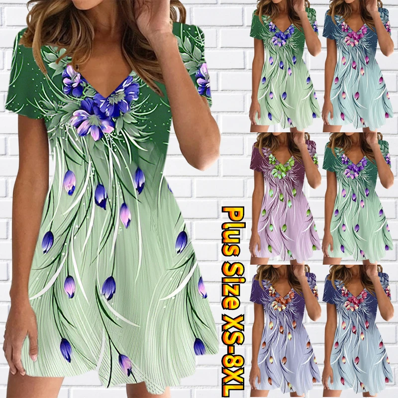 

2023 New Daily Retro Party Skirt Sexy Slim Short Sleeve Skirt Flower Printing Knee-length Skirt Summer Women's V- Neck Dress