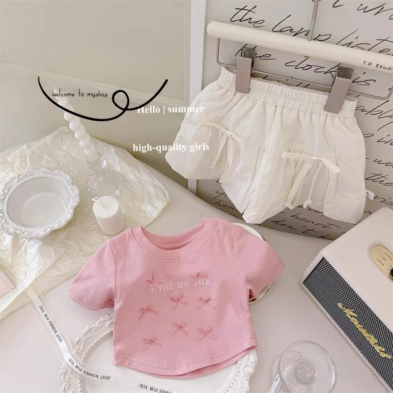 

Baby Girls Suits 2024 Summer New Super Sweet Ballet Style Princess Little Bow Top Short Sleeve Flower Skirt Girls Baby Set