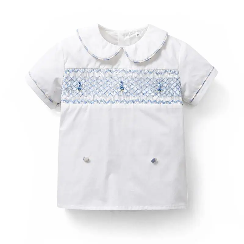 Cekcya Baby Boy Hand Made Smocking Suit Children Summer Embroidery Shirt Striped Cotton Shorts Boys Spanish Smocked Clothes Set