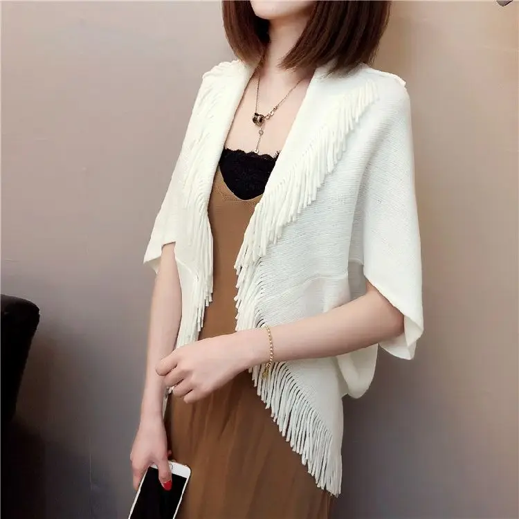 

White Women Spring Knit Tassels Open Stitch Lady Out Loose Coat Sweater Vest Party Scarf Over Cloth Top Shawl Cloak Cape Poncho