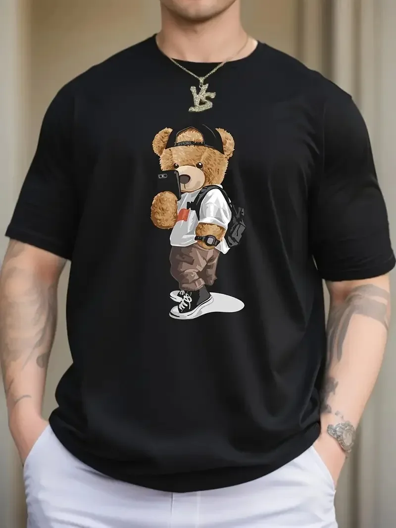 

Cartoon teddy bear print summer men's casual crew neck T-shirt 100% cotton street style oversized loose comfortable top