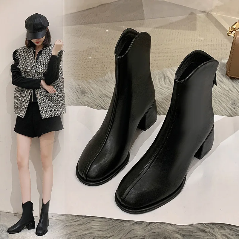 Luxury Brand Women Beige 5cm Block High Heels Ankle Winter Female Square Toe Chelsea High Quality Ladies Short Boots New Shoes