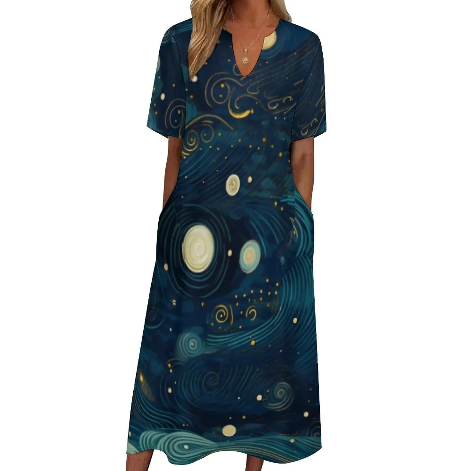 

Starry Night Sky Dress Summer Van Gogh Famous Painting Street Style Casual Long Dresses Female Print Trendy Maxi Dress Big Size