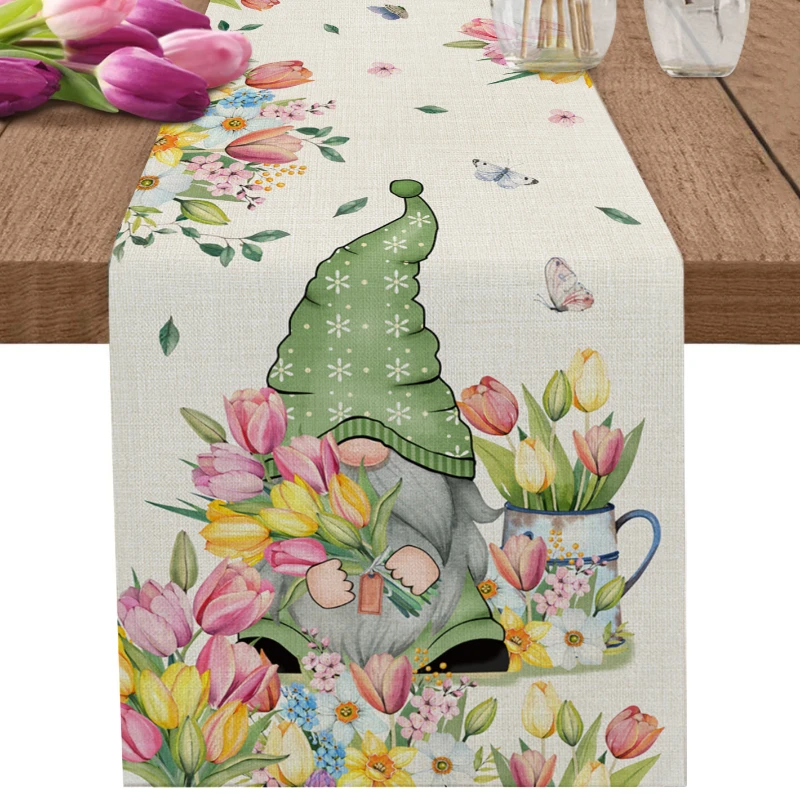 Gnome Table Runner Flowers Table Runner Gnomes Tulips Spring Gnome