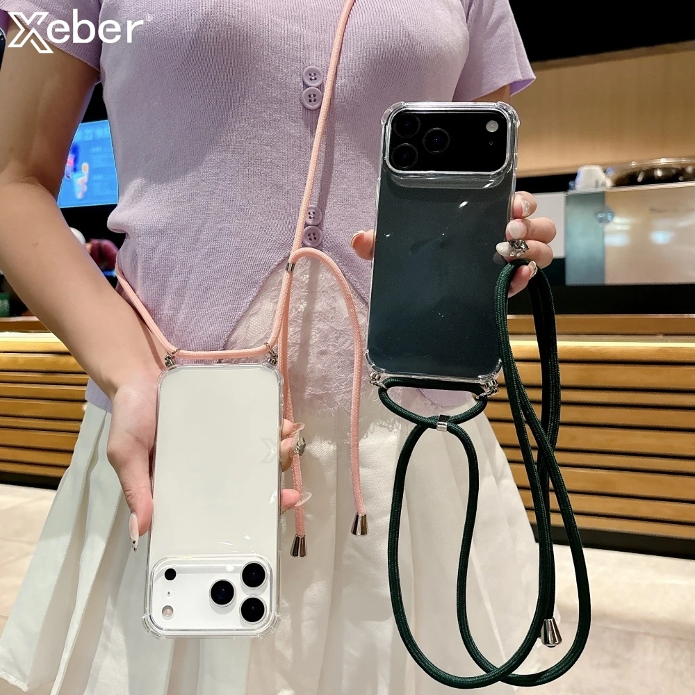 아이폰 17 16 15 14 13 12 11 Pro Max X XR Xs 7 8 Plus 용 크로스바디 랜야드 투명 폰 케이스, 충격 방지 실리콘 소프트 TPU 커버