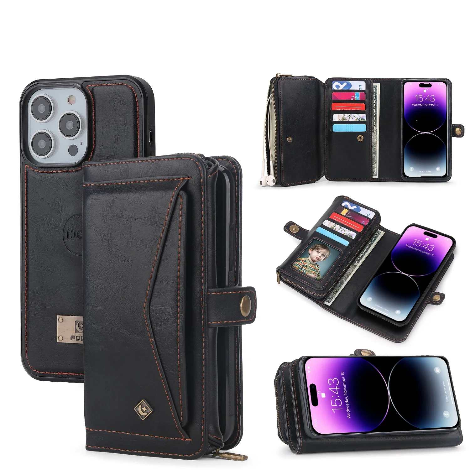 

Detachable Handbag Fold Wallet Leather Phone Case For iPhone 11 12 13 14 15 Pro Max X XR XS Max 7 8 Plus Magnetic Purse Cover