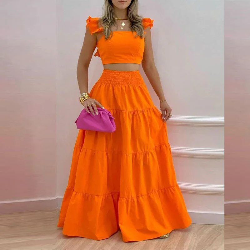 

2023 Spring and Summer New Women's Dress Solid Color Mid-waist Large Swing Skirt Two-piece Suit Trend Sexy Suspender
