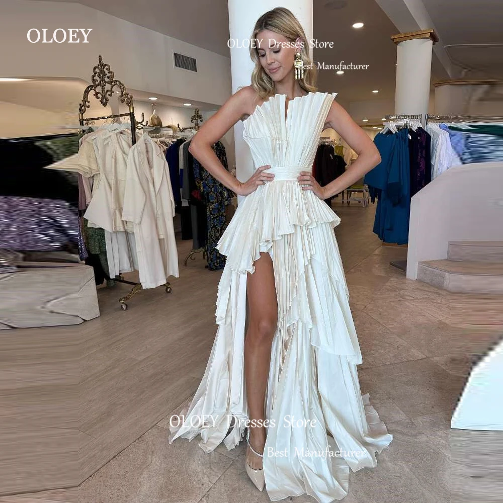 

OLOEY Modern Draped Split Sexy Women Wedding Dress Ivory White Strapless Tiered Prom Evening Gowns Formal Party Dress Arabic