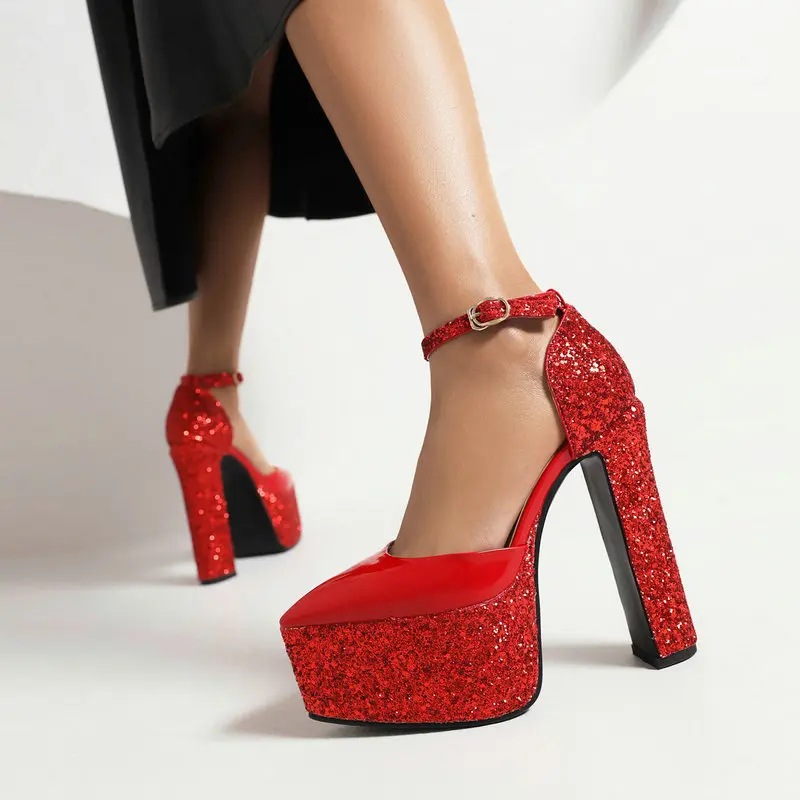 

Women's New Pointy Waterproof Platform Super-high Thick Heel Shallow Slotted with Patent Leather Mary Jane Single Shoes