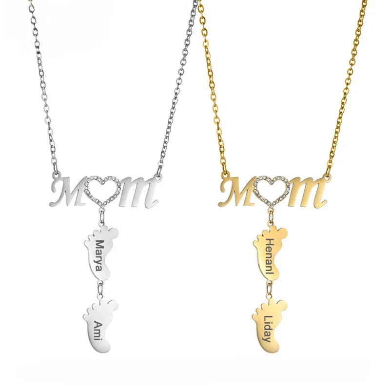 

Stainless Steel Zircon Letter MOM Heart Necklace Kids Foot Laser Name Pendant DIY Custom Jewelry Mother's Day Gift