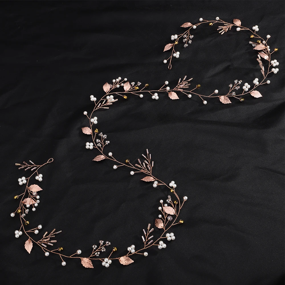 Pearl Crystal Bridal Headband Vine Women Handmade Rose Gold Wedding Hair Accessories Party Leaf Bride Head Jewelry Headpiece