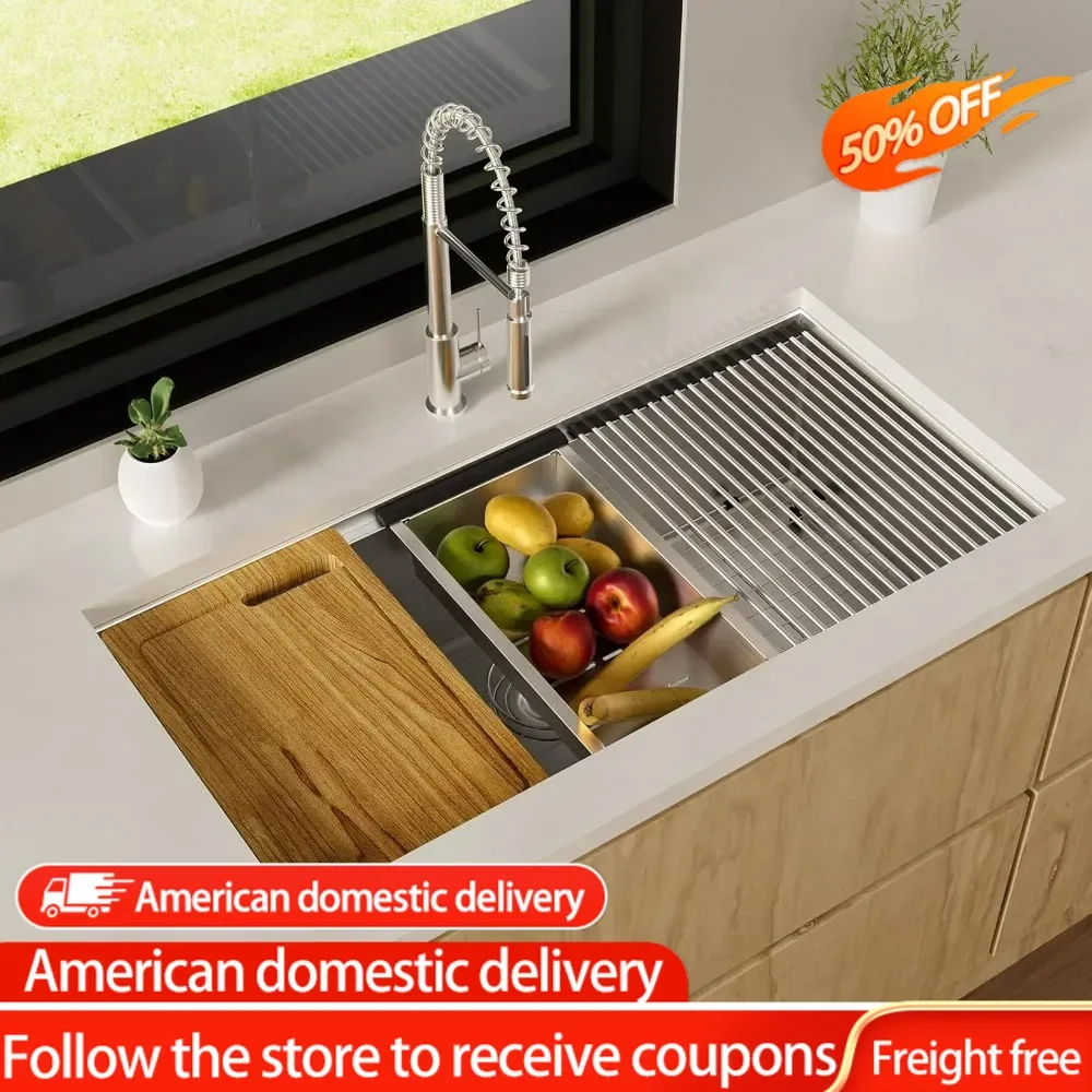 36 inch Workstation Kitchen Sink,Undermount Deep Single Bowl, 16 Gauge Stainless Steel with Integrated Ledge