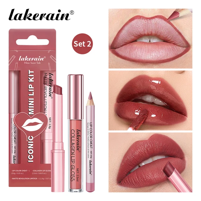 3pcs Lip Makeup Set Lip Liner Lip Gloss Lipstick Mirror Effect Beep Lips High Color Long-lasting Hydrates Travel Mini Set