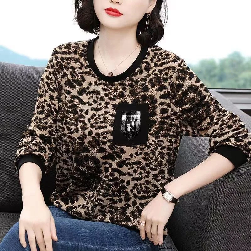 2023 Spring Autumn Leopard Printing Long Sleeve Hoodies Women High Street Fashion Vintage Elegant Diamonds Patchwork Pullovers