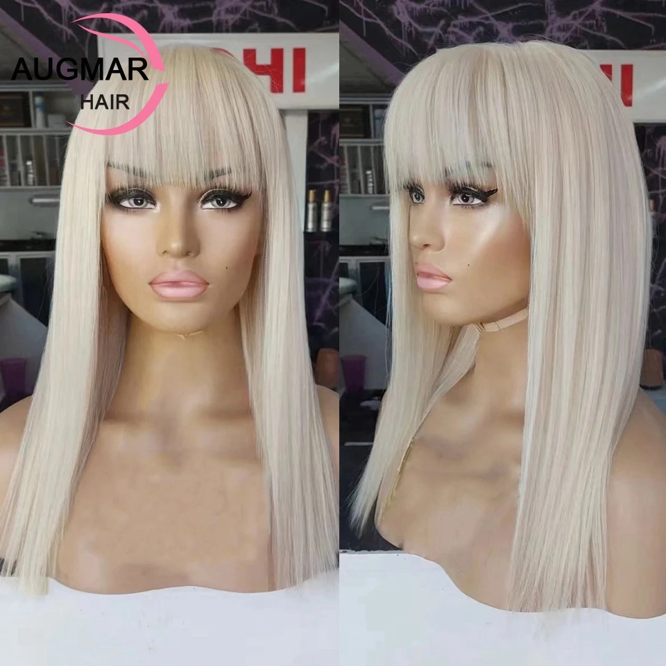 Platinum Blonde Straight Human Hair Wigs With Bangs 13x4 613 Lace Frontal Wig Transparent Lace Front Human Hair Wigs For Women