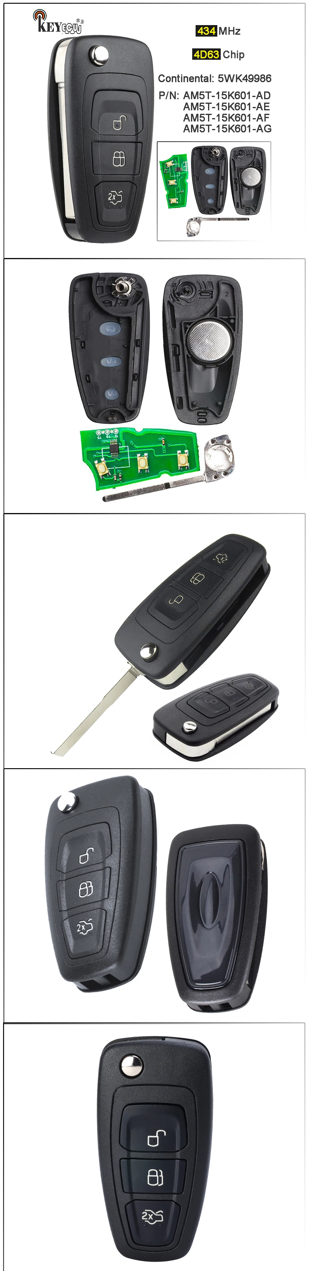 Keyforkess 434MHz 4D63 Chip 5WK49986 sostituzione telecomando portachiavi 3 pulsante per Ford c-max s-max Focus MK3 Grand Mondeo 2010-2018 - Sb36843b9889e478798a90cc573884a13D