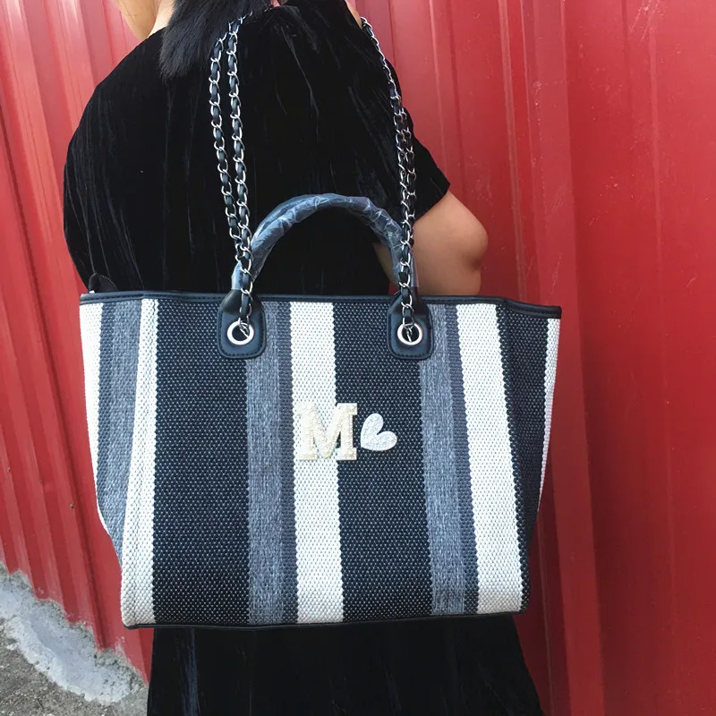 CHANEL Deauville Medium Striped Tweed Canvas Tote Bag Black/Grey