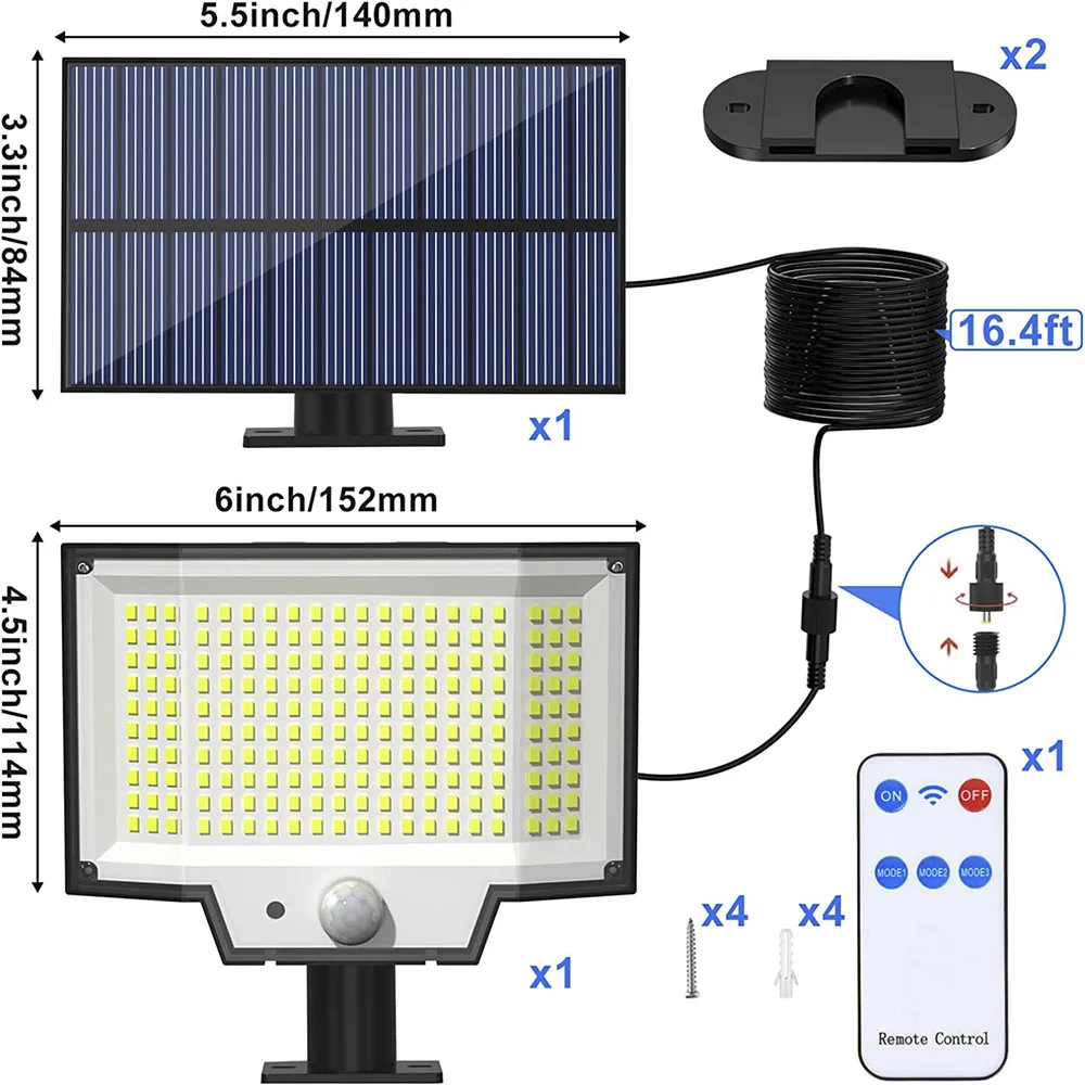 태양광 모션 조명 200LED 야외 분리형 패널, 태양광 플러드 보안등, 원격 IP65 방수 벽 조명 포함