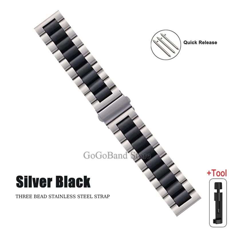 Premium Stainless Steel Watch Band, 20mm/22mm, Metal Strap, Silver/Black Finish