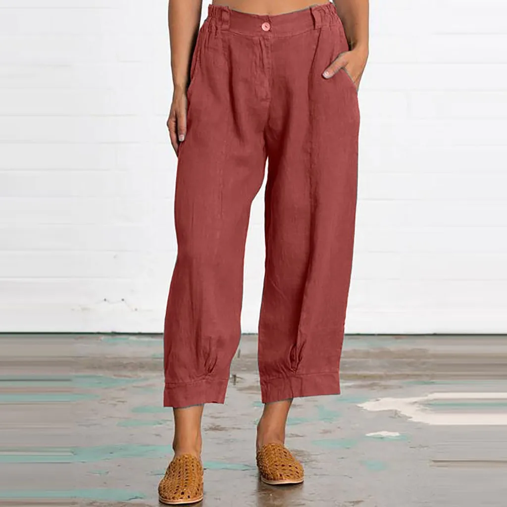 

Summer Cotton and Linen Cropped Pants Women Loose Solid Pocket Japanese Style Casual Pants Fashion Elastic Waist Trousers 2023