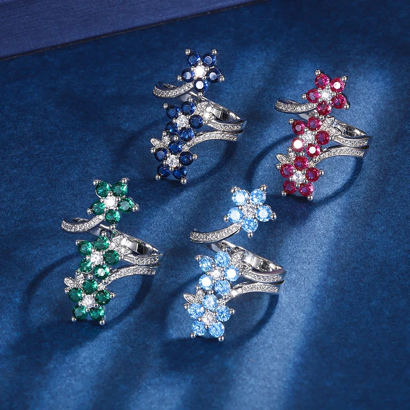 

Green Cubic Zircon Double Flower Open Adjustable Ring Women's Jewelry Daily Wear Accessory Exquisite Wedding Party Gift