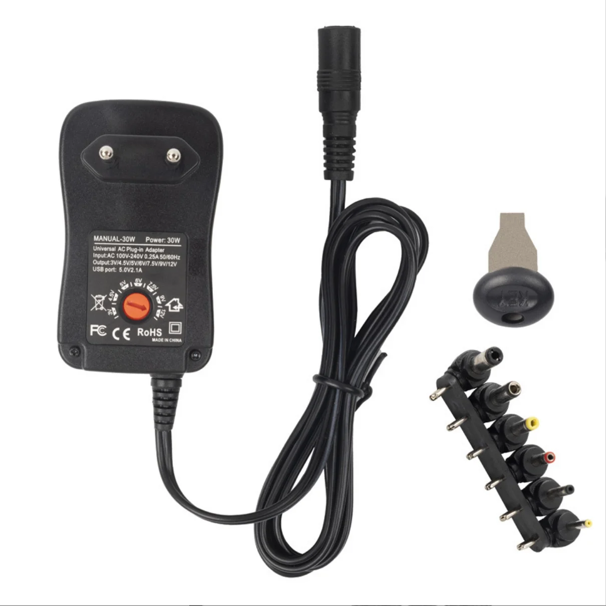 Universal 12W-30W Multi-Voltage DC Wall Charger with Interchangeable Plugs