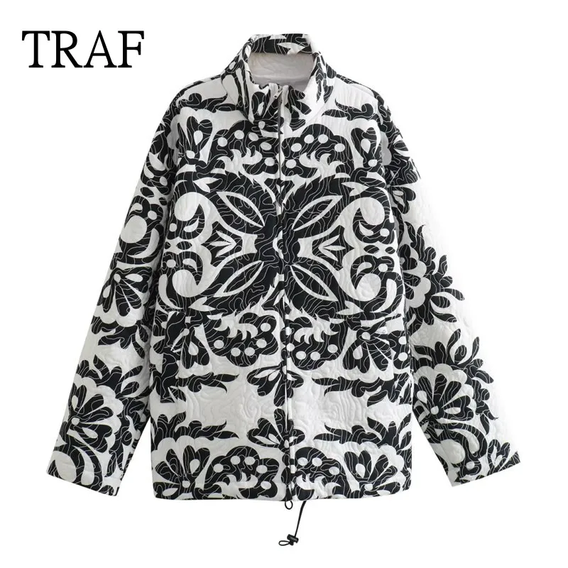 

TRAF 2023 Women Jackets Autumn Vintage Print Jacket For Women Clothing Long Sleeve Top Loose Pocket Chic Jacket Warm Female Coat