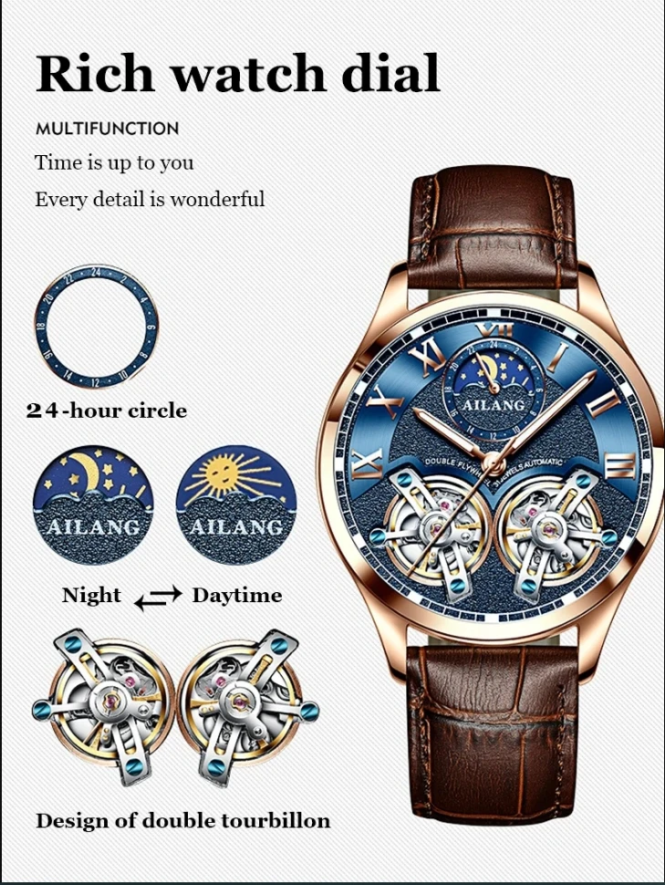 AILANG 8822 Herren Automatikuhr mit Doppel-Tourbillon, Skelett-Zifferblatt, Leuchtfunktion, wasserdicht, luxuriöse Business-Armbanduhr für Herren – Detail 14