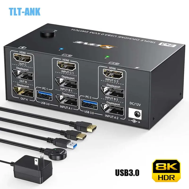 

KVM-консоль с тройным монитором, 2 порта дисплея + HDMI USB 3,0 KVM-Консоль 8K @ 60Hz 4K @ 144Hz, 3 монитора, 2 компьютера KVM с 4 USB 3,0