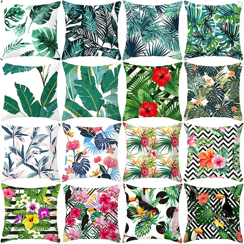 

Summer Tropical Plants Decorative Pillowcase Green Leaves Throw Pillow Case Polyester Printing Pillow Cover kussensloop