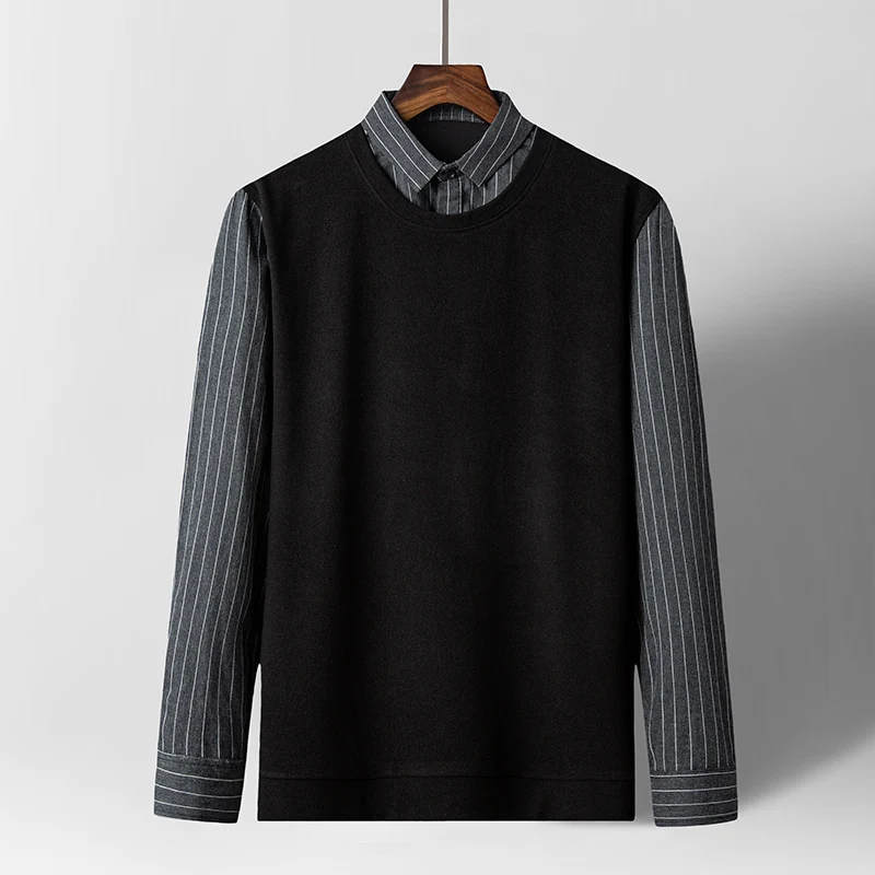 

New Arrival T-Shirt For Men High Quality Lapel Stripe Fake Two Pieces Long Sleeve Autumn Korean Fashion Trend Business Menswear
