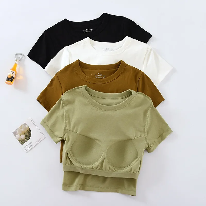 

Women's T-Shirts Short Sleeve with Padded Wireless Bust Base Layer Tops Round Neck Crop Tops Cotton Female Blouse Outwear