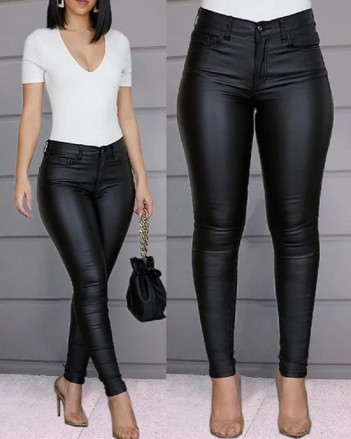 Leggings elásticos de piel sintética para mujer, mallas sexys de cintura  alta negras para mujer, pantalones ajustados casuales (plateado, talla L)